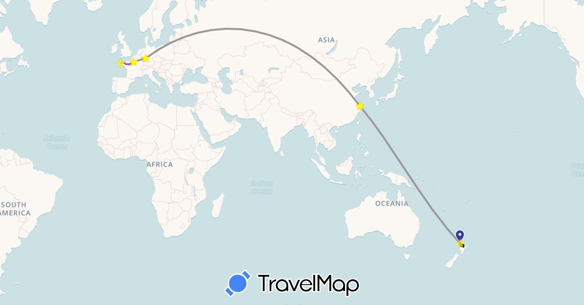 TravelMap itinerary: driving, bus, plane, train in China, Germany, France, New Zealand (Asia, Europe, Oceania)
